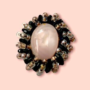 Hand beaded rose quartz w/ black crystal glass earrings pierced artist made